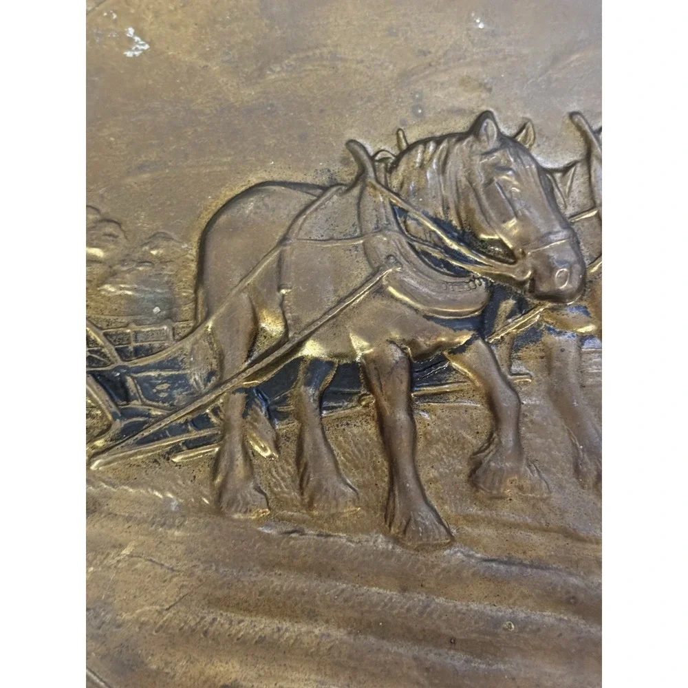 Vintage Embossed‎ Brass Wall Plate Decorative Plate Made in England Horse & Plow